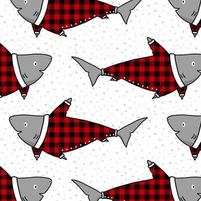 Sharks in Buffalo Plaid Pyjamas in Red - small scale
