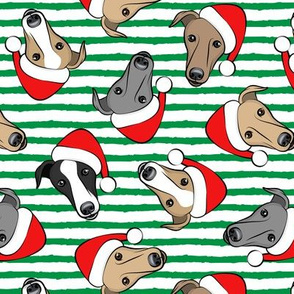 Greyhounds with Santa hats - green stripes - christmas greyhounds - Santa's helper - LAD19
