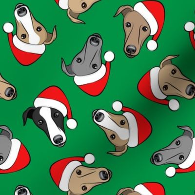 Greyhounds with Santa hats - green - christmas greyhounds - Santa's helper - LAD19