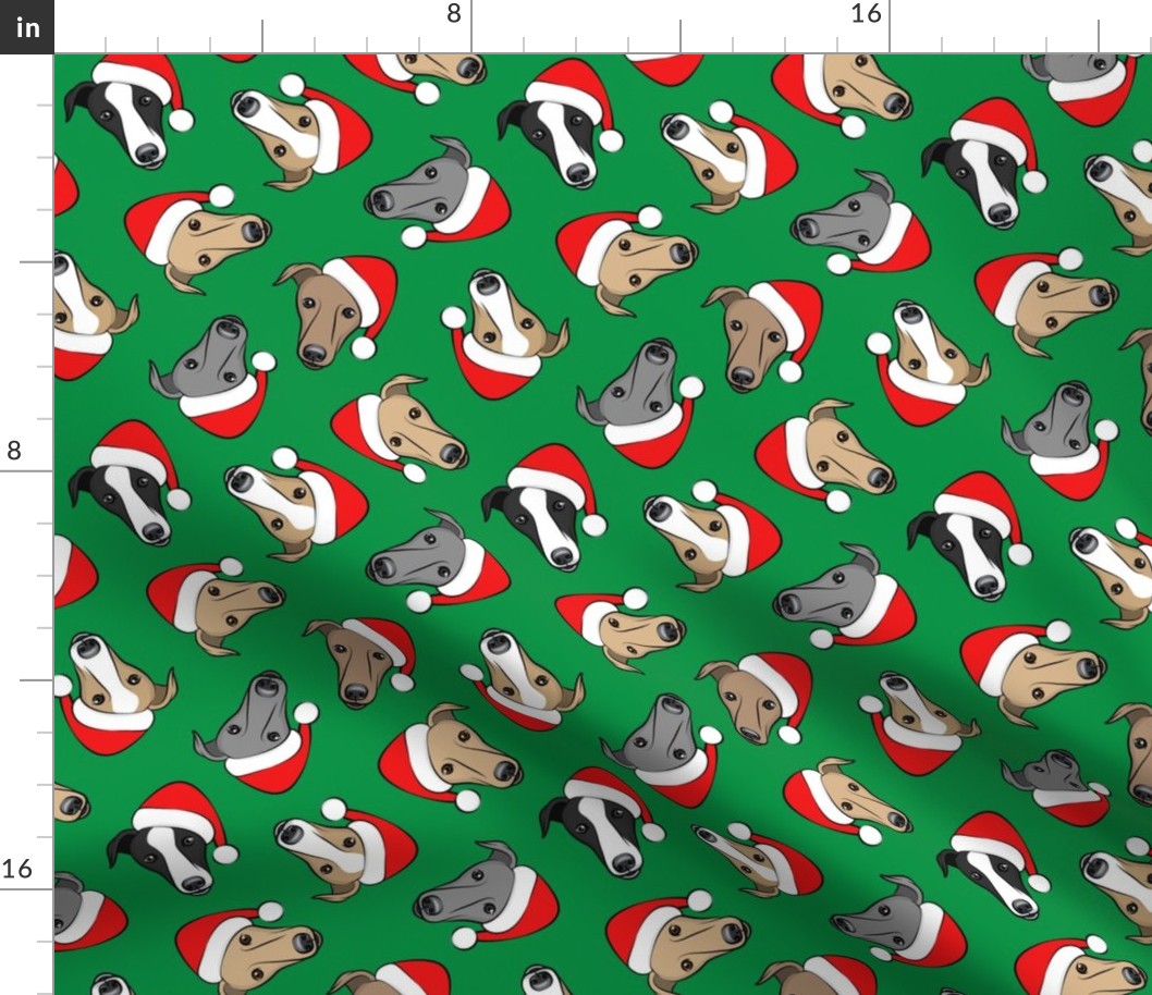 Greyhounds with Santa hats - green - christmas greyhounds - Santa's helper - LAD19