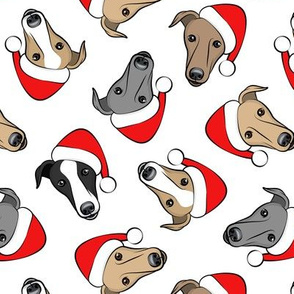 Greyhounds with Santa hats - white - Christmas greyhounds - Santa's helper - LAD19