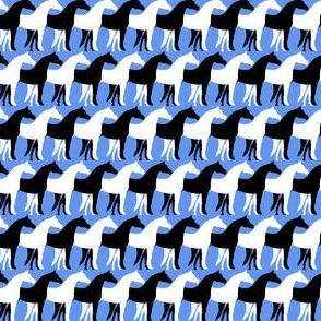 One Inch Black and White Overlapping Horses on Cornflower Blue