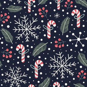 Festive Christmas with snowflakes, candies and pine needles