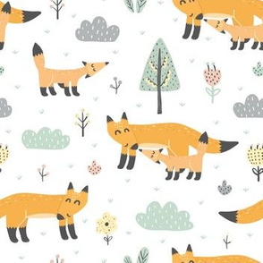 Mother fox and her baby in the forest. Woodland animals