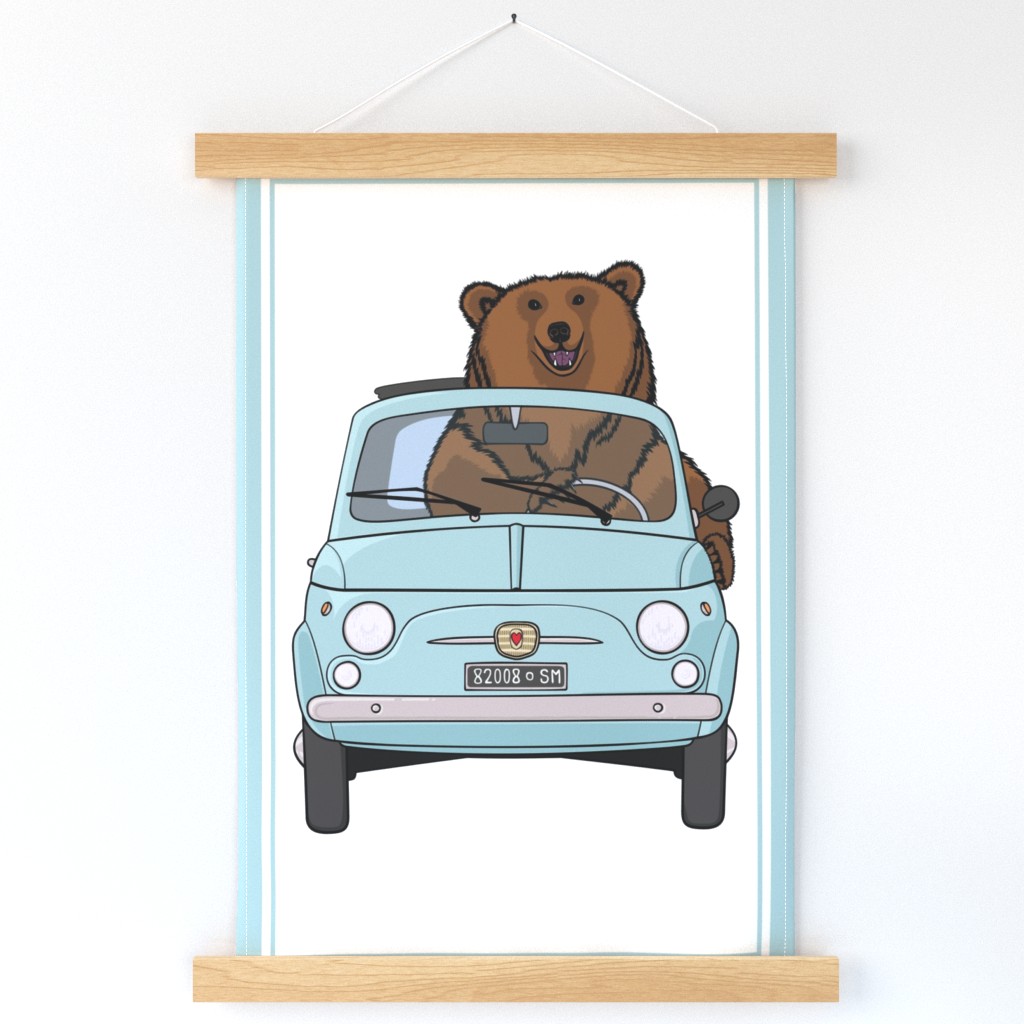 A brown bear driving a blue retro car