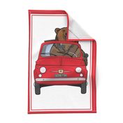 Big brown bear in a red car