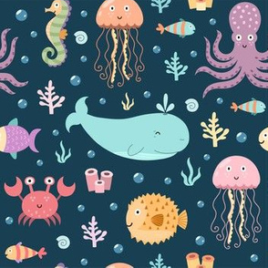 Sea life pattern with whale, crab, octopus, jellyfish, fish