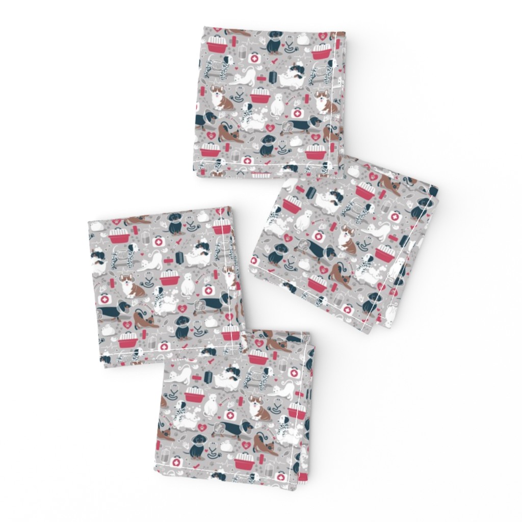 Super tiny scale // VET medicine happy and healthy friends // grey background red details navy blue white and brown cats dogs and other animals