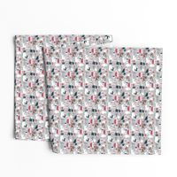 Super tiny scale // VET medicine happy and healthy friends // grey background red details navy blue white and brown cats dogs and other animals