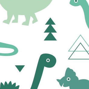 Adorable dino boys fabric with green mint sage and emerald dinosaur geometric triangles and funky animal illustration theme for kids LARGE Jumbo