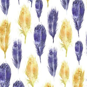Watercolor feathers in mustard and amethyst violet