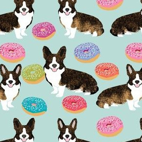 brindle corgi donut fabric - dog and donuts fabric, donut dog fabric, pet fabric, dogs fabric - blue