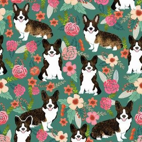 brindle corgi floral fabric, dog floral fabric, dog florals, corgi florals, brindle corgi - green