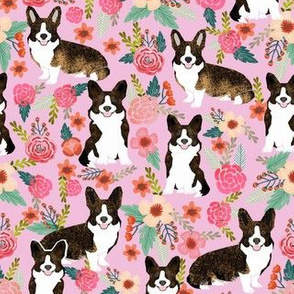 brindle corgi floral fabric, dog floral fabric, dog florals, corgi florals, brindle corgi - pink