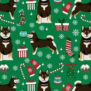 shiba inu christmas fabric - black and tan, black and tan dog, black and tan shiba dog christmas, holiday fabric, dog fabric - green