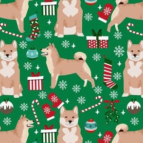 shiba inu christmas fabric - dog christmas, holiday fabric, dog fabric - green