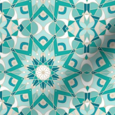 kaleidoscope mandala, turquoise, tan, white