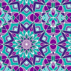 kaleidoscope mandala, turquoise, purple, pink, white