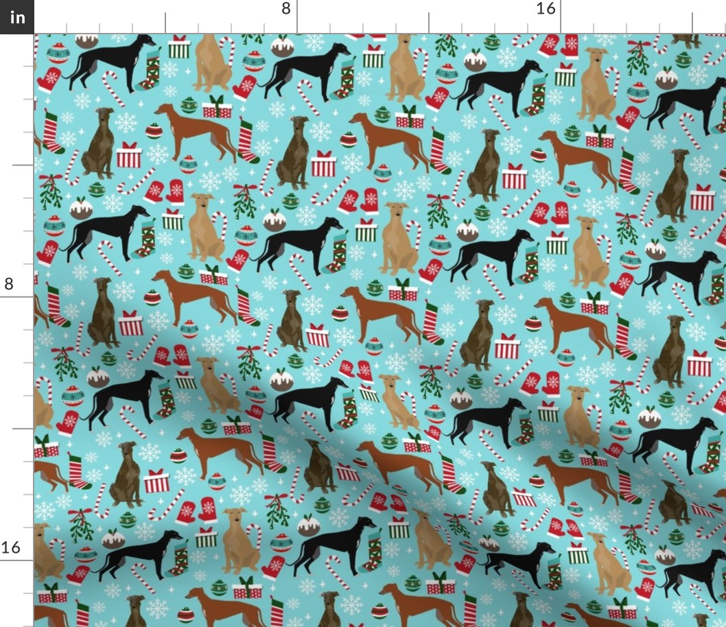 greyhounds christmas dog fabric - christmas fabric, dog fabric, christmas dog fabric - blue