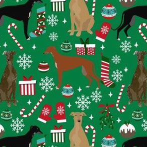 greyhounds christmas dog fabric - christmas fabric, dog fabric, christmas dog fabric - green