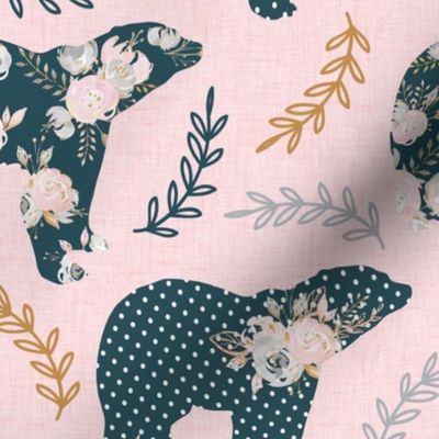 pink blush teal floral space bear