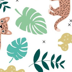 Kids colorful jaguar wildcat jungle botanical leaves cactus and monstera tiger animals boys LARGE rotated flipped