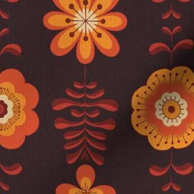 Retro groovy flowers in yellow orange brown