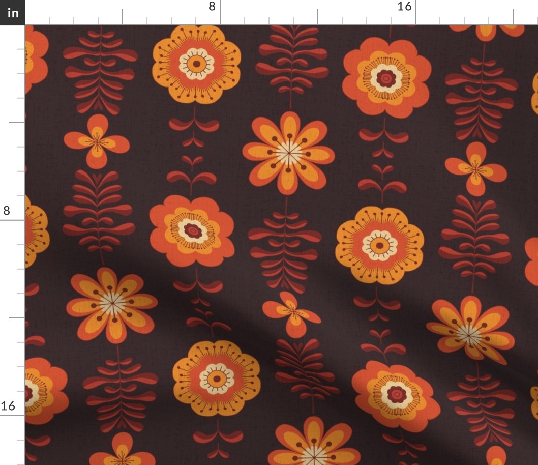 Retro groovy flowers in yellow orange brown