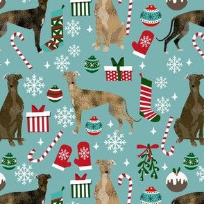 brindle greyhound fabric - christmas dog fabric, christmas fabric, brindle greyhounds fabric - blue
