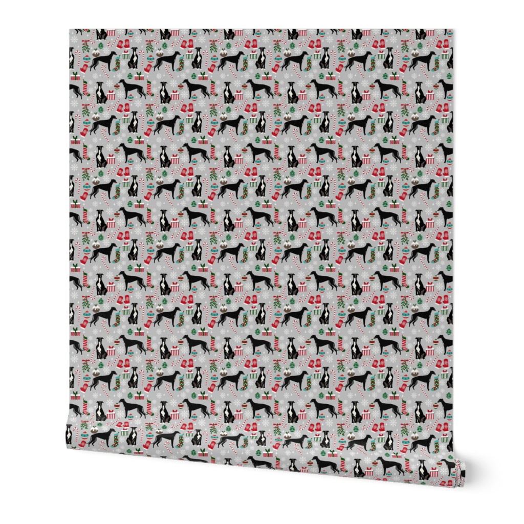 black and white greyhound christmas fabric - christmas dog fabric, greyhound fabric, holiday fabric, christmas fabric - grey