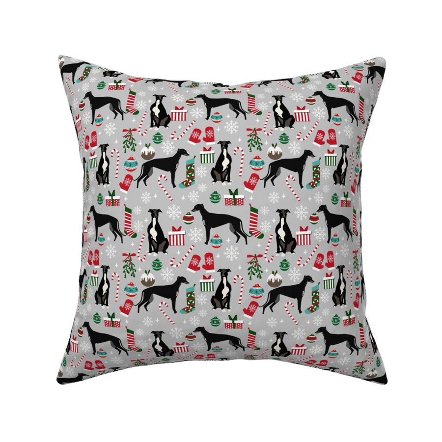 black and white greyhound christmas fabric - christmas dog fabric, greyhound fabric, holiday fabric, christmas fabric - grey