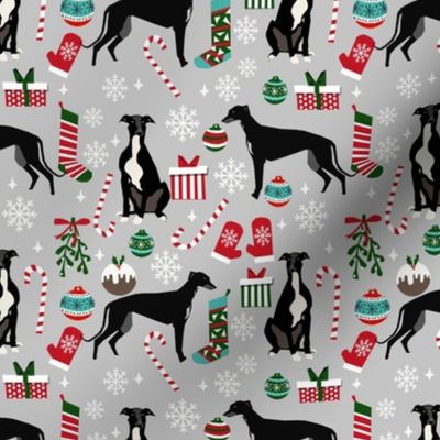 black and white greyhound christmas fabric - christmas dog fabric, greyhound fabric, holiday fabric, christmas fabric - grey