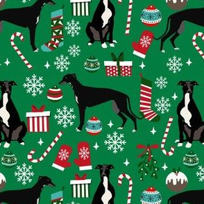 black and white greyhound christmas fabric - christmas dog fabric, greyhound fabric, holiday fabric, christmas fabric - green