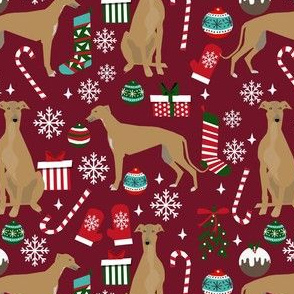 fawn greyhound christmas dog fabric - tan greyhound fabric, greyhound fabric, christmas dog fabric - ruby