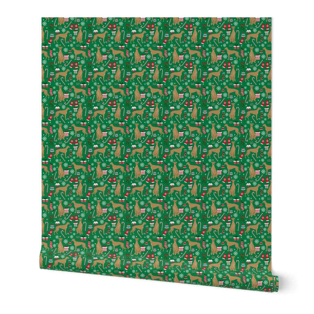 fawn greyhound christmas dog fabric - tan greyhound fabric, greyhound fabric, christmas dog fabric - green