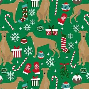 fawn greyhound christmas dog fabric - tan greyhound fabric, greyhound fabric, christmas dog fabric - green