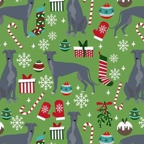 grey greyhound christmas fabric, blue grey greyhound, christmas dog fabric, christmas -  green