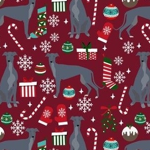 grey greyhound christmas fabric, blue grey greyhound, christmas dog fabric, christmas - ruby