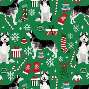 husky christmas fabric - dog christmas, dog christmas fabric, holiday fabric, christmas fabric - green