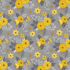 Vintage Antique Floral Flowers Cool Yellow on Grey Smaller Tiny