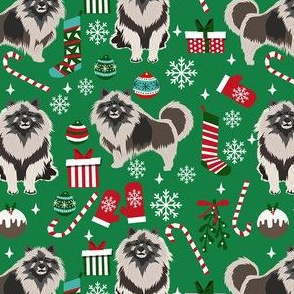 keeshond christmas fabric - dog fabric, christmas dog fabric, holiday dog fabric - green