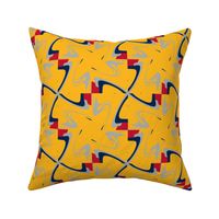 Mustard Yellow with Navy Blue Silver Red Swirl