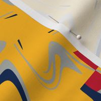 Mustard Yellow with Navy Blue Silver Red Swirl