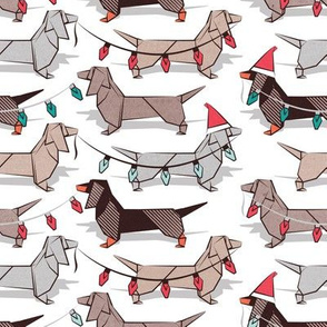 Small scale // Origami Christmas Dachshunds sausage dogs // white background