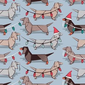 Small scale // Origami Christmas Dachshunds sausage dogs // pale blue background