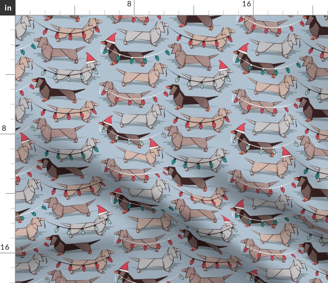Small scale // Origami Christmas Dachshunds sausage dogs // pale blue background