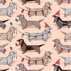 Small scale // Origami Christmas Dachshunds sausage dogs // flesh background