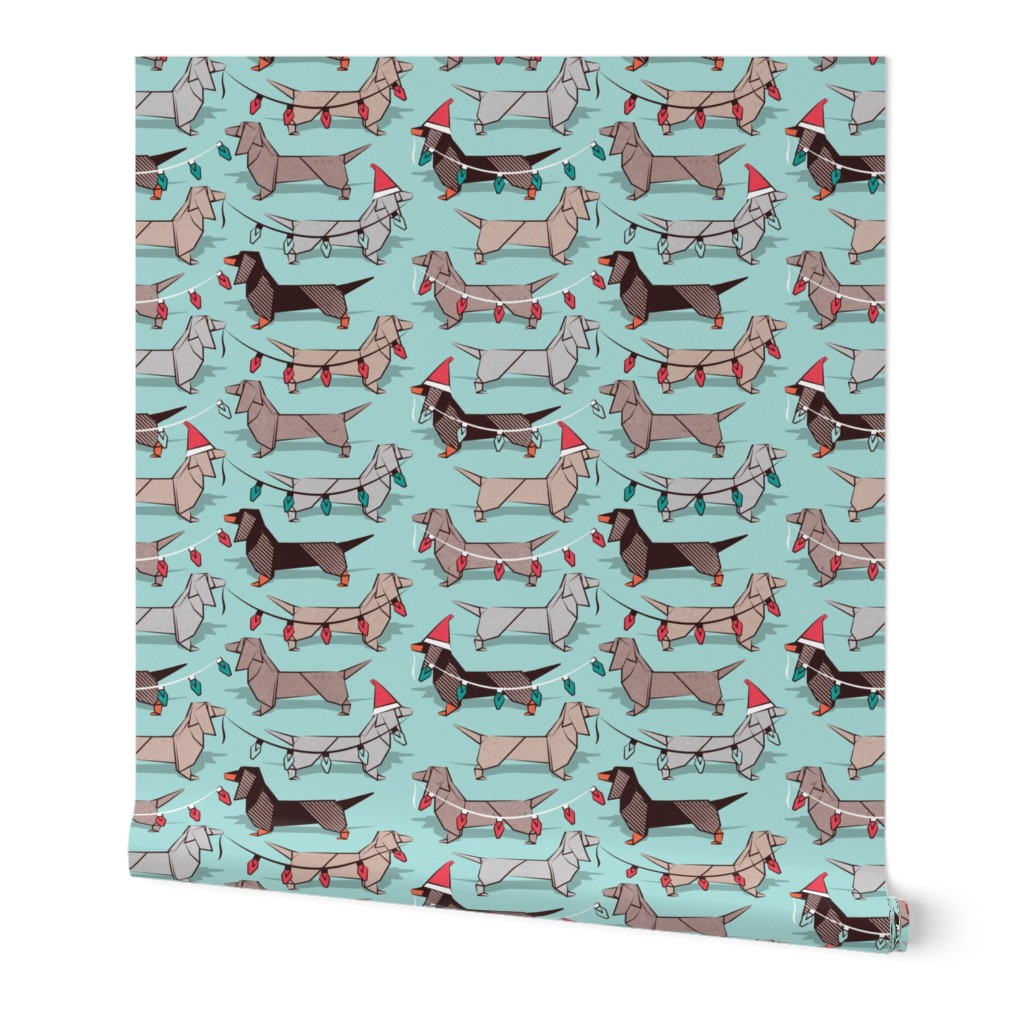 Small scale // Origami Christmas Dachshunds sausage dogs // aqua background