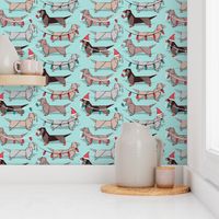 Small scale // Origami Christmas Dachshunds sausage dogs // aqua background