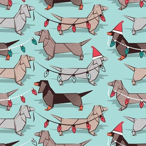 Small scale // Origami Christmas Dachshunds sausage dogs // aqua background